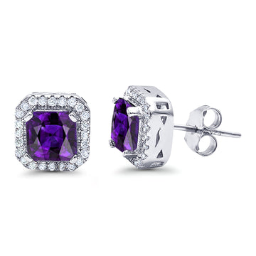 Halo Stud Earrings Wedding Princess Cut Simulated Amethyst CZ Solid 925 Sterling Silver